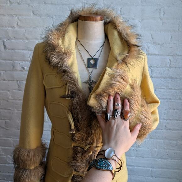 Vintage Yellow Wool Trench Coat Groovy Penny Lane Jacket Faux Fur Coat Medium - Picture 3 of 10